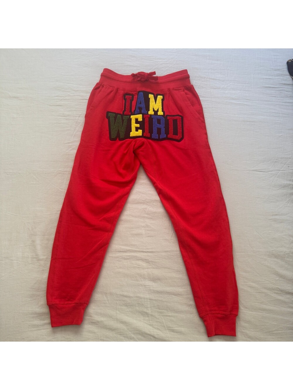 IAMWeird Clothing Red Jogger Pants Small Chenille Patch Streetwear Sweatpants